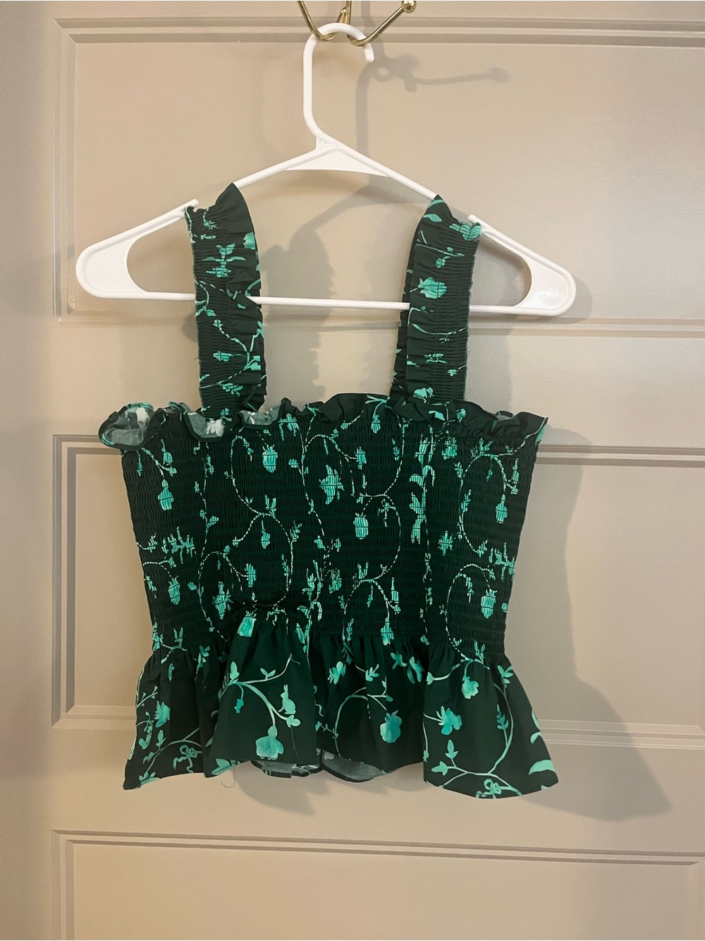 Hill House Smocked Floral Crop Top in Dark Green and Mint